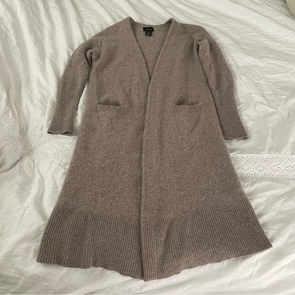 Halogen L (RUN SMALL) Wool & Cashmere Long Cardigan In Heather Tan Cobblestone - Picture 3 of 10